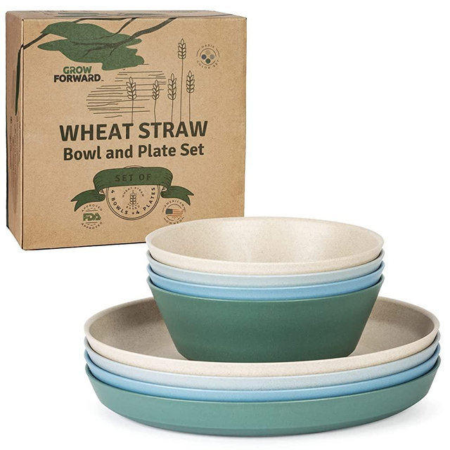 Grow Forward Premium Wheat Straw Dinnerware Sets - 8 Piece Unbreakable Microwave Safe Dishes - Reusable Wheat Straw Plates and Bowls Sets for Cereal, Salad, Soup, Camping, RV, Dorm - Oasis