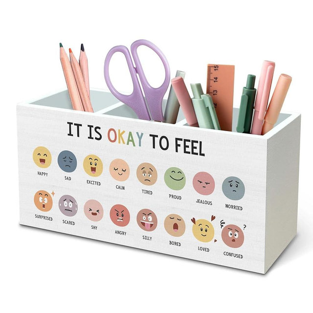 DILSJ Boho Mental Health Pen Pencil Holder Organizer for Desk, Boho Classroom Decor, It Is Okay to Feel Inspirational Wooden Box Signs for Classroom Therapy Office Desk Decoration School Supplies