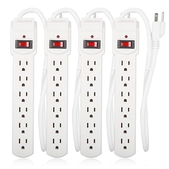 Maxxima 6 Outlet Power Strip Surge Protector 300 Joules, 2FT Cord, Switch (4 Pack)