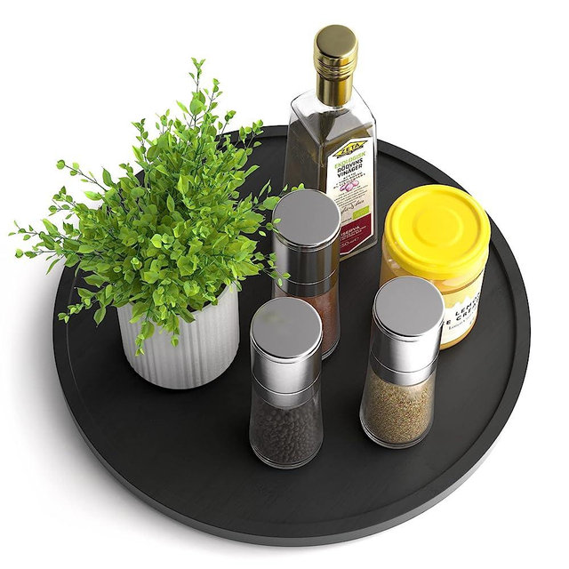 Homerays Lazy Susan Organizer 12 Inch Non-Skid Bamboo Lazy Susan for Kitchen Rotating Spice Rack for Kitchen Cabinet, Wood Turntable for Kitchen Countertop Organizer Black