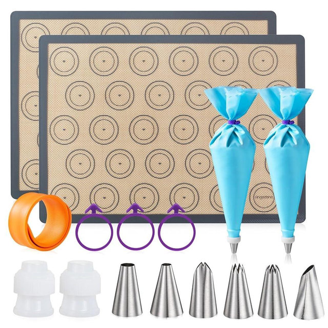 Angadona Macaron Silicone Baking Mats Kit (16pcs set) Macaroon Baking Mat Set of 2 Half Sheet Macaron Silicone Mat Nonstick Macaron Mat Sheet,6 Piping Tip,2 Piping Bag with 3 Bag Tie,2 coupler