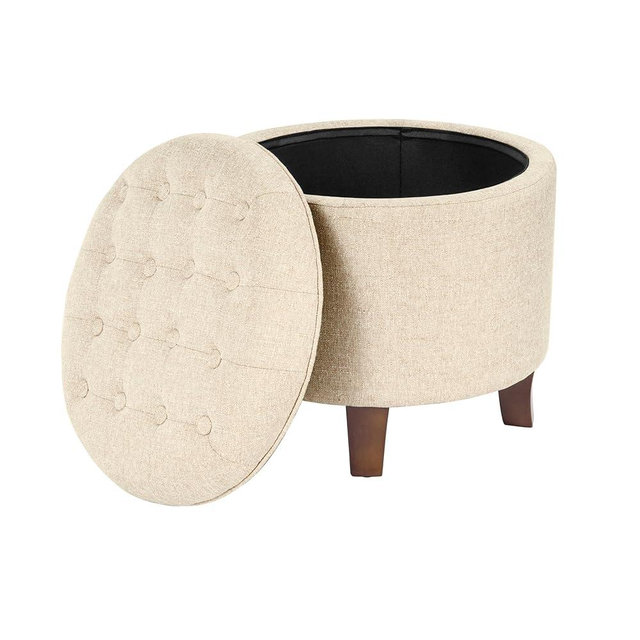 HomePop by Kinfine Fabric Upholstered Round Storage Ottoman - Button Tufted Ottoman with Removable Lid, Tan Woven
