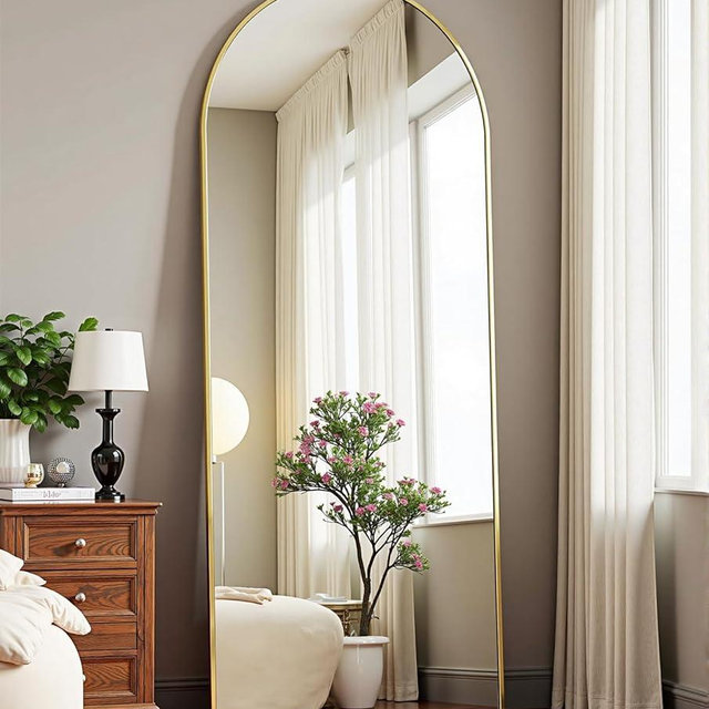 Dewfig Arched Gold Full Length Mirror, 58"X18" Large Floor Mirrors with Stand for Leaning or Hanging, Full Body Mirrors for Living Room,Bedroom, Dressing Room, Aluminum Alloy Frame, Gold