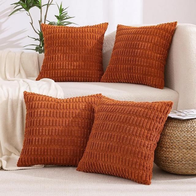 All Smiles Fall Decor Decorative Throw Pillow Covers 18x18 Set of 4 Rustic Boho Farmhouse Home Corduroy Square Cushion Case for Living Room Couch Bed Sofa, Rust Terracotta Orange