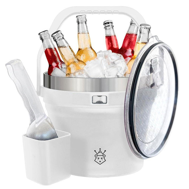 Insulated Ice Bucket with Lid & Scoop-XL Double-Walled, bar Essentials for Entertaining, Holiday Party, Stainless Steel Wine Chiller, Beverage Tub with Handle, Bottle Opener, Great Gift(White)