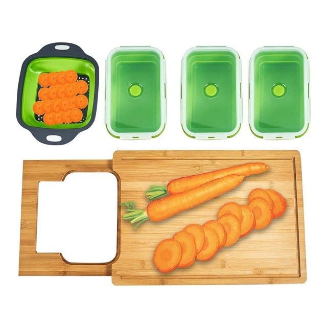 Expandable Bamboo Cutting Board With Containers - Over The Sink Cutting Board For Kitchen - Meal Prep deck For Food Large (Green)