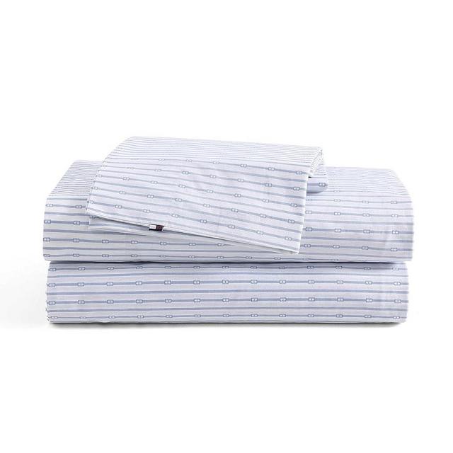 Tommy Hilfiger - King Size Sheets Set, Crisp & Tailored Cooling Sheets with a Smooth Cotton Percale Lightweight Feel - Bed Sheets with Matching Pillowcases & Fitted Sheet (Monogram Stripe Blue)