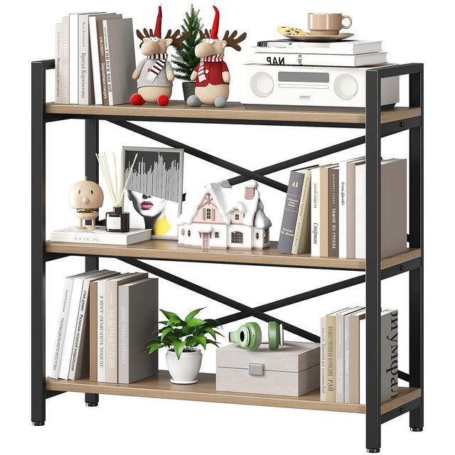 Homeiju 3 Tier Bookshelf 31.49" Width, Wood and Metal Etagere Bookcase, Vintage Farmhouse Modern Wooden Big Book Shelf for Home Living Room Bedroom Office Storage(Light Coffee)