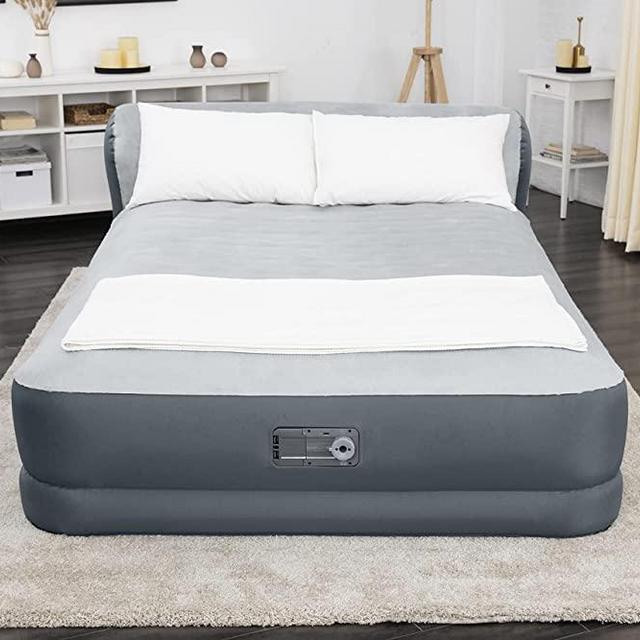 SLEEPLUX Queen Air Mattress with Headboard | Supersoft Snugable Top, Extra Durable Tough Guard | Raised Airbed with Built in Pump + USB Charger (90"x60"x31"), Grey, 69090E