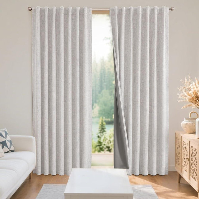 Joydeco Black Blackout Curtains for Bedroom - Linen Curtains63 inch, 100% Thermal Insulated 2 Panels Light Blocking Drapes, Rod Pocket & Back Tabs, Darkening Privacy for Living Room