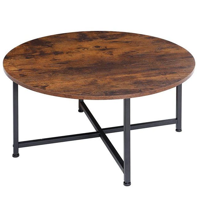 SUPER DEAL Round Coffee Tables w/ 32 Inch Rustic Wooden Surface Top and Sturdy Metal Legs Industrial Cocktail Table for Living Room, Rustic Brown