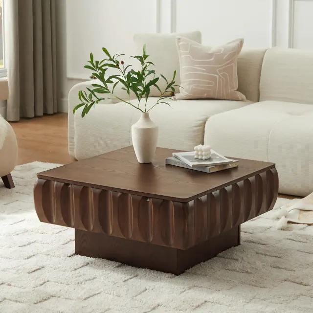GDFStudio Kairo Modern Lift-Top Wood Square Coffee Table with Ash Veneer and Hidden Storage, Walnut