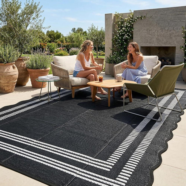 Garvee Waterproof Outdoor Rug 9x12, Scalloped Geometric Foldable Plastic Straw Patio Camping Rug, Outdoor RV Carpet for Deck Camper Porch Balcony Backyard Picnic Beach Black and White