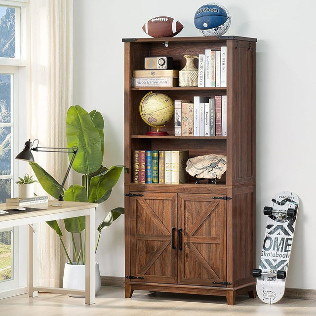 Joaxswe 70in Tall Bookshelf 5 Tier Bookcase with Barn Doors and Adjustable Shelves, Brown Farmhouse Book Shelf with Storage Cabinet, Wood Freestanding Display Bookshelves for Bedroom, Living Room