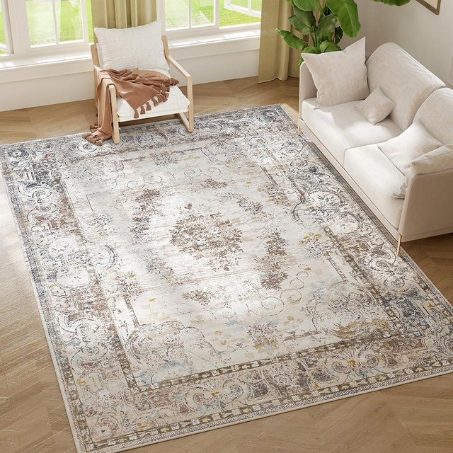 HOMCOM Machine Washable Area Rug, 9x12 Indoor Boho Rug, Non-Slip, Low Pile for Living Room, Bedroom, Dining Room, Kitchen, Home Office, Distressed Carpet for High Traffic Areas, Brown Floral