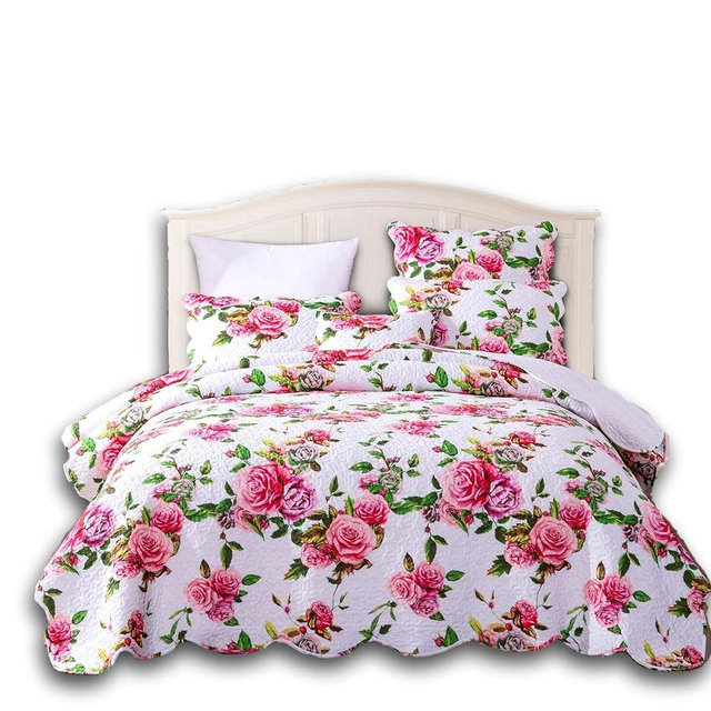 DaDa Bedding Romantic Roses Floral Bedspread Set - Lovely Spring Pink & White Scalloped Colorful Lightweight Breathable - Bright Vibrant Quilted Coverlet w/Pillow Shams - Queen - 3-Pieces