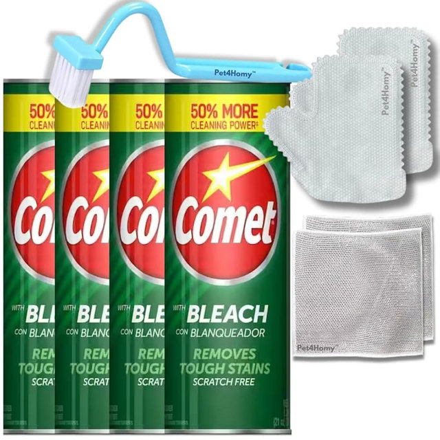 Comet powder Cleanser with Bleach, 21 oz Bottles, 4 Pack Bundle Cleaning Gloves, Brush, and Multipurpose Wire Miracle Cleaning Cloths (4 Items)
