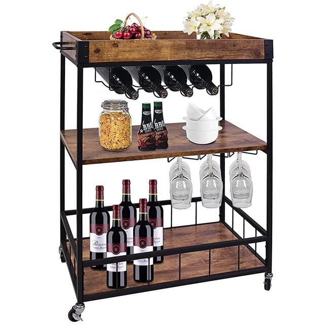aboxoo Wine Serving Bar Cart 3 Tier Rolling Rack with Wheels Home Mobile Kitchen Serving Cart,Industrial Vintage Style Wood Metal Serving Trolley Glass Holder Bar Cabinet