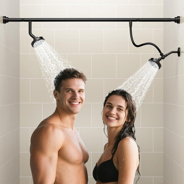 NTPN Dual Shower Head for Couples, High Pressure Double Shower Heads for Two People Rod, Two Showerhead System Fit 2 Person, Birthday Gifts for Women Men, Spa-Like (Black) Segmented Design