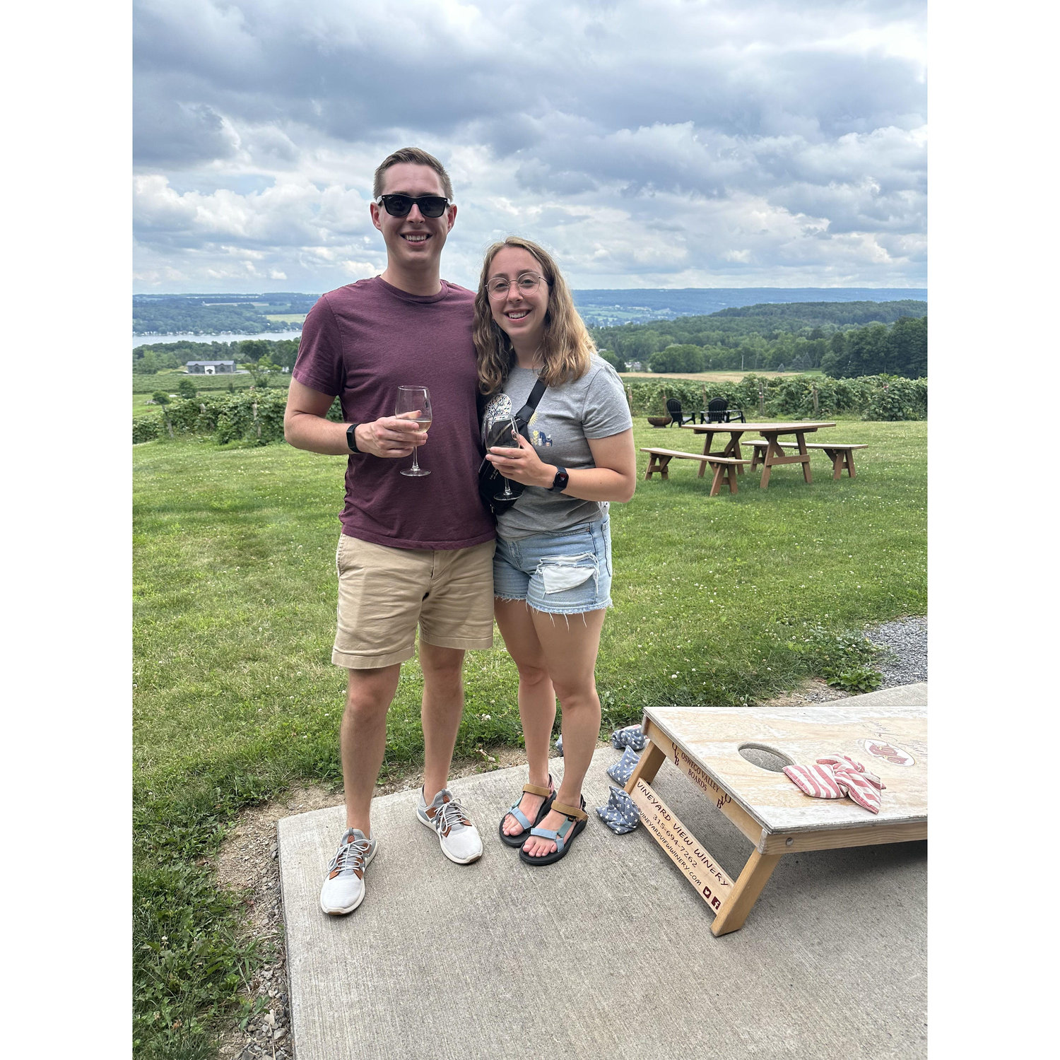 Enjoying wine and corn hole at Keuka Lake