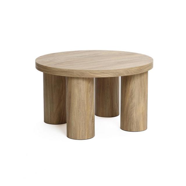 LuxenHome Oak Finish Manufactured Wood Round Coffee Table with 4 Pillar Legs Brown