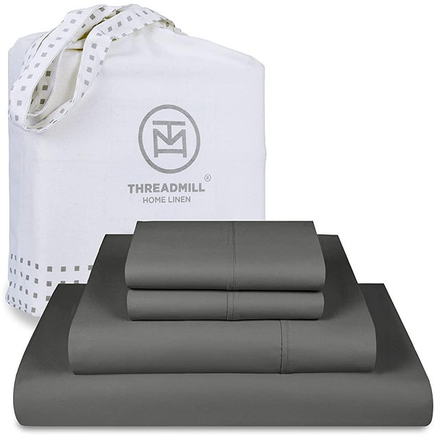Threadmill Home Linen King-Size Sheets - American Grown Pure Supima Cotton 1000 Thread Count, 4 Piece Sateen Weave Luxury Bedding Set, Hotel Quality Dark Grey Bed Sheets with Elasticized Deep Pocket