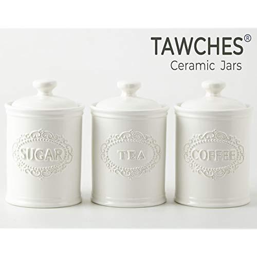 Canisters Sets for the Kitchen Airtight, 28 oz Ceramic Kitchen Canisters set of 3 for Coffee Tea Sugar, Safer and Healthier White Jars with Airtight Lids TAWCHES TC001(A White 3pcs)
