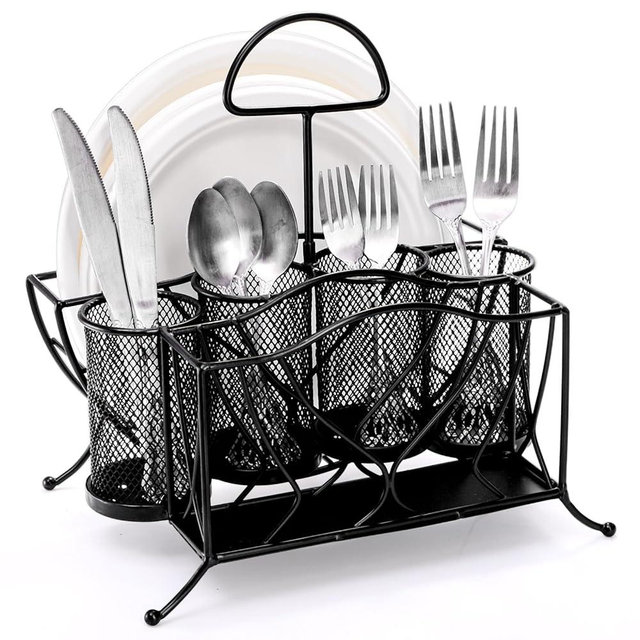 Bekith Silverware Caddy Paper Plate Napkin Holder, Utensil Holder with Handle, Countertop Flatware Caddy Portable Cutlery Storage Organizer for Kitchen, Picnic, Camping, Party, Metal Mesh, Black