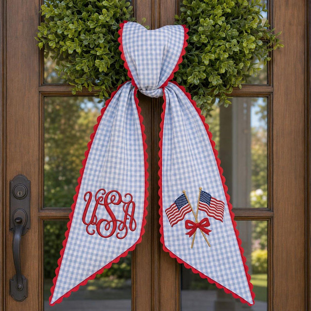 Custom Monogram Patriotic Wreath Sash, Embroidered USA Flag Bow Ric Rac Wreath Sash Decor, 4th of July,Housewarming Gift,USA Sash Gift