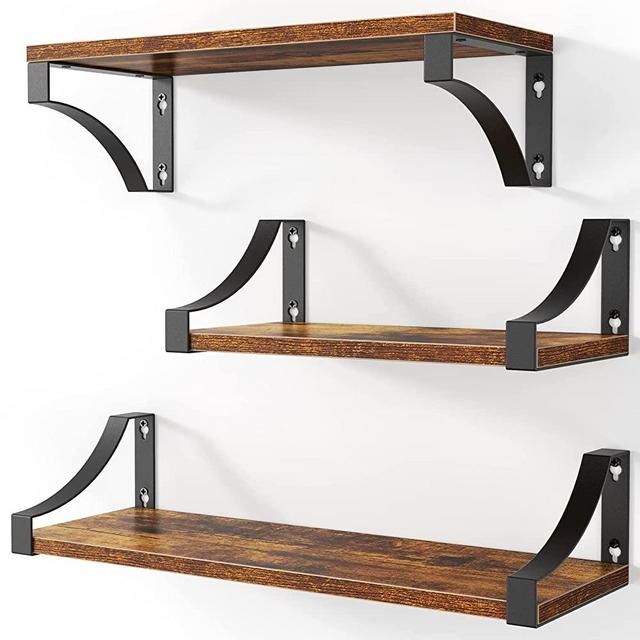 AMADA HOMEFURNISHING Floating Shelves Wall Mounted Set of 3, Rustic Wood Wall Shelves for Bedroom/Bathroom/Living Room/Kitchen/Laundry Room Storage & Decoration, Rustic Brown