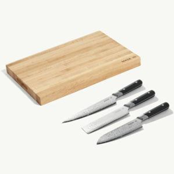 Japanese Damascus Steel Knives 3-Piece Set + Butcher Block