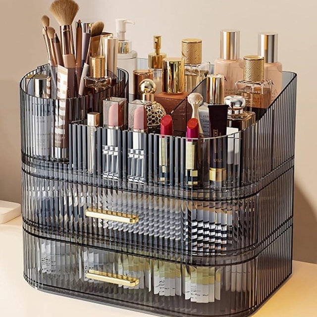 SpaceLuxe Makeup Organizer with Drawers and 360° Rotating Brush Holder, Large Capacity Cosmetic Storage for Vanity, Skincare, Perfume, Hair Accessories, Lipstick & Jewelry (Transparent Gray, 3-layer)