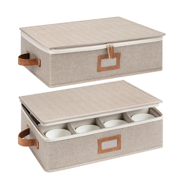 StorageWorks China Storage Container, Stackable Mug Storage Box with Dividers, Stemware Storage Cases, Hard Shell China Cup Organizer, Holds 12 Tea Cups and Coffee Mug, 2 Pack, Brown and Beige