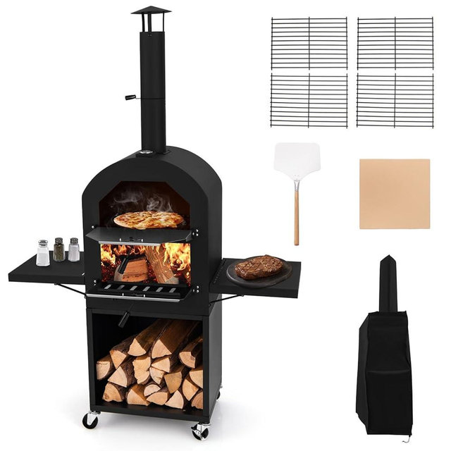 HAPPYGRILL Outdoor Wood Fired Pizza Oven with Firewood Storage, Side Shelves, Patio Pizza Maker with Pizza Stone, Pizza Peel, 2 Cooking Grills & Thermometer, Portable Pizza Stove with Wheels