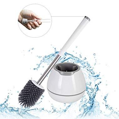 BOOMJOY Toilet Brush and Holder Set, Silicone Bristles Bathroom Cleaning Bowl Brush Kit with Tweezers - White