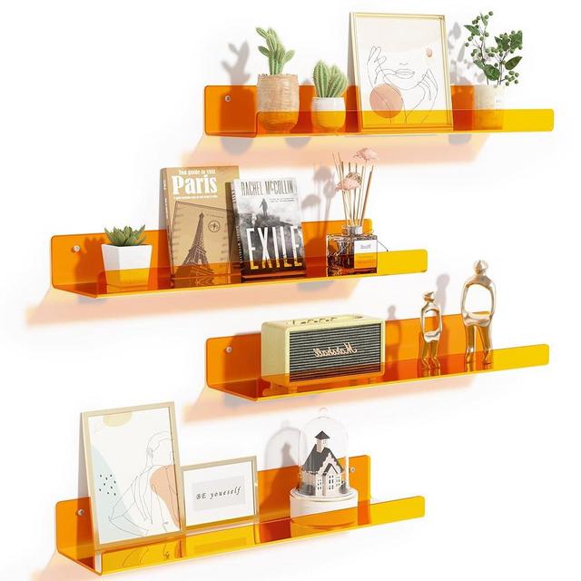 upsimples Clear Orange Acrylic Shelves for Wall Storage, 15" Acrylic Floating Shelves Wall Mounted, Kids Bookshelf, Display Ledge Wall Shelves for Bedroom, Living Room, Bathroom, Set of 4