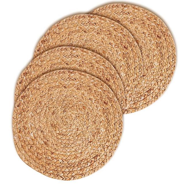 Woven Placemats -Natural Wicker Placemat Set of 4- Round Place Mats 13.8''(35cm) Crafted with Braided Water Hyacinth- Heat Resistant Non-Slip Wicker Chargers for Dining Table, Wedding, Holiday Dinner