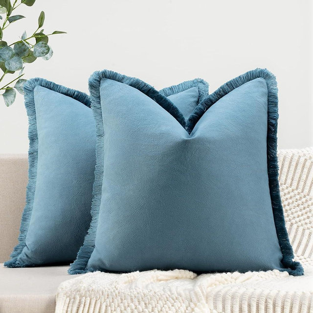 ZWJD Farmhouse Pillow Covers 18x18 Set of 2 Blue Throw Pillow Covers with Fringe Chic Cotton Decorative Pillows Square Cushion Covers for Sofa Couch Bed Living Room Boho Decor