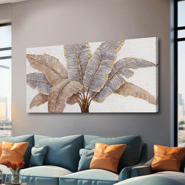 CHUDANHAO White and Gold Canvas Wall Decor Textured Wall Art Leaves Artwork for Living Room Office Contemporary Art Plant Picture for Home 29x58 Inch