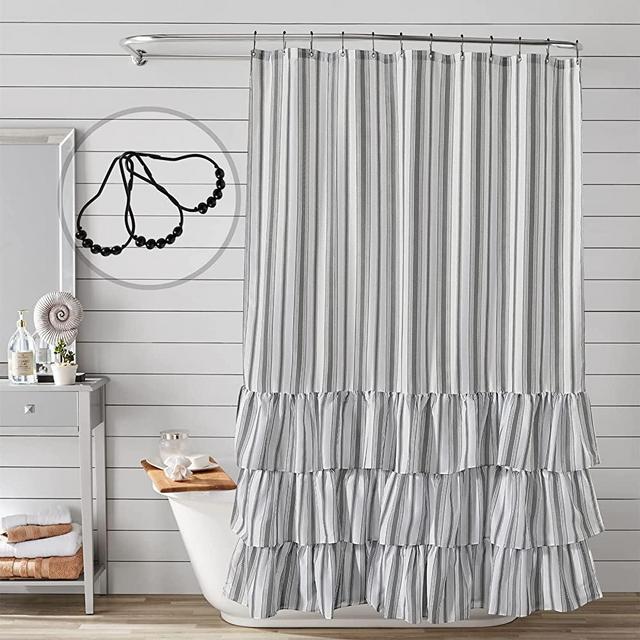 Estmy Shabby Chic Ruffle Fabric Shower Curtain Set Extra Long 84 Inches with 12 Stainless Steel Hooks, Farmhouse Striped Shower Curtain French Country Boho Aesthetic Cottagecore Bathroom Decor