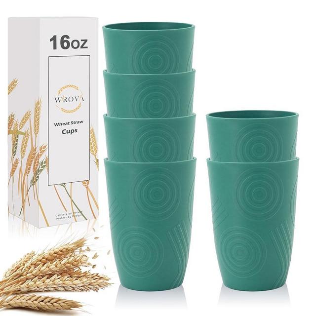 Wrova Wheat Straw Cups 16oz set of 6 with Etched Pattern - Alternative Plastic Cups Dishwasher Safe - Plastic Drinking Cups Unbreakable for Kids - Green