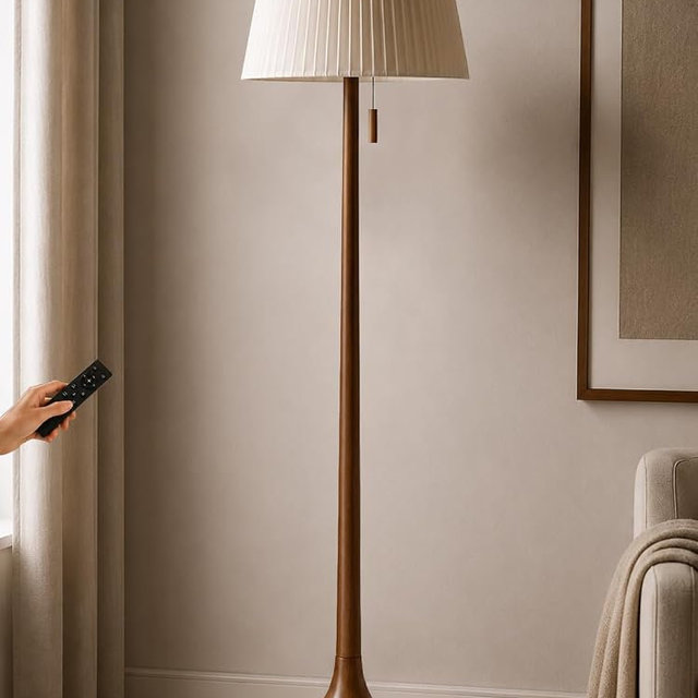 MOFFE 65" Mid Century Real Wood Floor Lamp with Remote, Sculptural Standing Lamp with Teardrop Base & Wooden Pull Chain, Dimmable with Adjustable Color Temperature & Timer (Bulb Included)