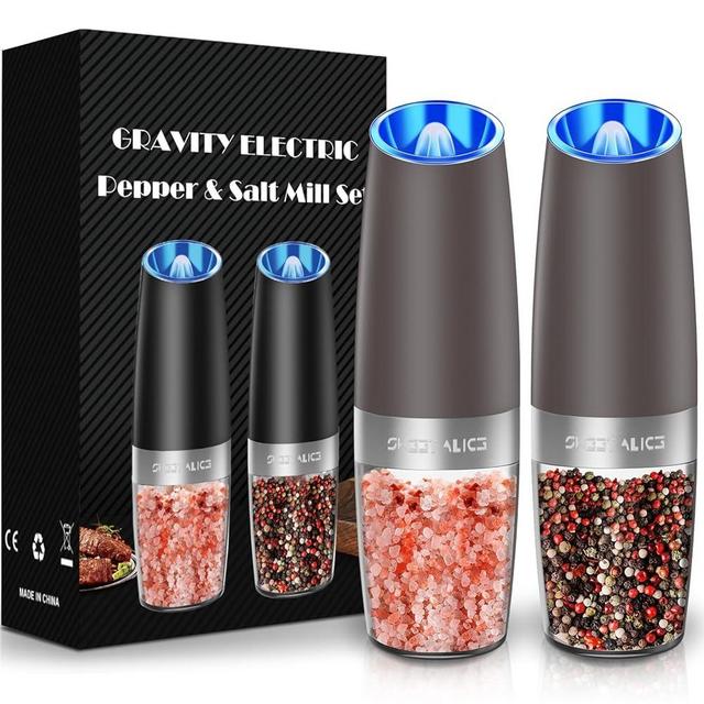 Sweet Alice Gravity Electric Pepper and Salt Grinder Set, Adjustable Coarseness, Battery Powered with LED Light, One Hand Automatic Operation, Brown, 2 Pack