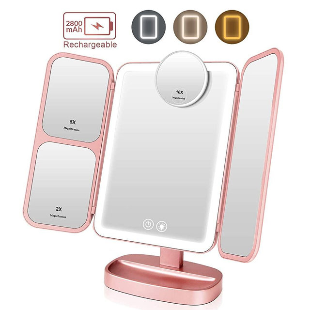 EASEHOLD Makeup Vanity Mirror Rechargeable with 3 Color 66 LEDs Lights Cosmetic Beauty Portable Trifold 2x/5x/10x Magnifying Touch Screen 180° and 90° Rotation Tabletop Desk Face Mirror Rose Gold