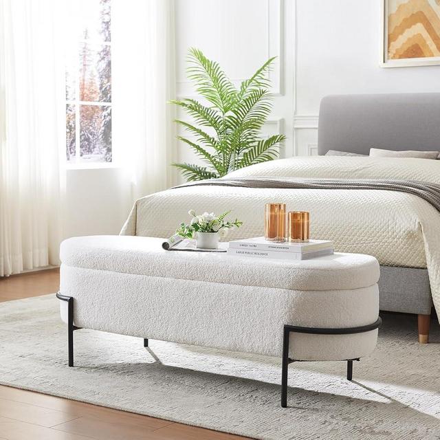 Sherpa Storage Bench, 52 Inch Bedroom Bench with Metal Stand and Hinges, Oval Storage Ottoman Bench, Bed Bench with Storage, Upholstered Storage Bench for Entryway, Living Room, End of Bed, White