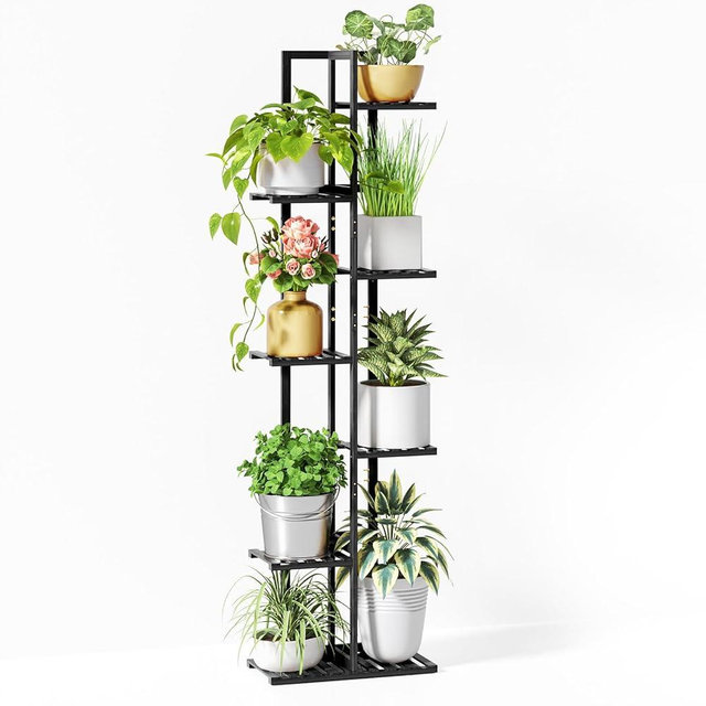 ROSSNY Plant Stand Indoor, 7 Tier 8 Potted Bamboo Plant Stands for Indoor Plants, Corner Plant Stand, Tiered Plant Stands, Plant Shelf For Indoor, Planter Holder for Multiple Plants Indoor Tall, Black