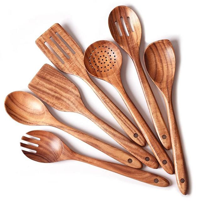 Gudamaye 13 inch Long Wooden Utensils for Cooking, Long Handle Wooden Spoons for Cooking, 7 PCES Crafting Wooden Spoon Set, Wooden Kitchen Utensil set, Natural Teak Wooden utensil Set