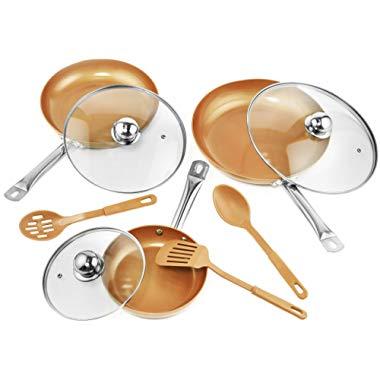 9 Pc Set Copper Frying Pan with Lids and Spoons -Non Stick Chef Pan 8,10 & 12’' - Heavy Duty Tempered Glass Lids, PFOA Free Skillet, Oven & Dishwasher Safe 3 Pans 3 Lids 3 Professional Spatula & Spoon