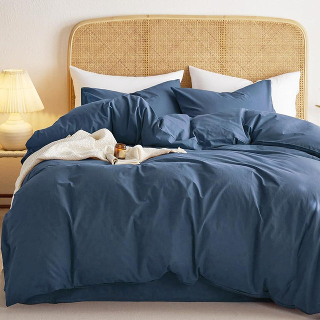 Wake In Cloud - Cotton Duvet Cover Set, Queen Size, Dark Navy Blue, 100% Washed Cotton, Linen Like Textured, Breathable Percale Durable Comfy Farmhouse Neutral Bedding Set, 3 Pieces