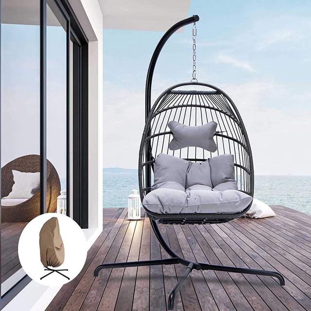 Indoor Outdoor Patio Wicker Hanging Chair Swing Hammock Egg Basket Chairs UV Resistant Cushions with Aluminum Frame 350lbs Capaticy for Patio Backyard Balcony (Grey with Cover)